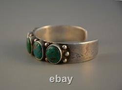 Old Early Navajo Heavy Ingot Silver Bracelet 5 Turquoise Stones 7 3/8 @