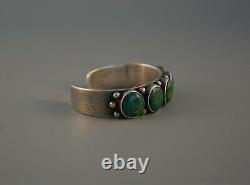 Old Early Navajo Heavy Ingot Silver Bracelet 5 Turquoise Stones 7 3/8 @