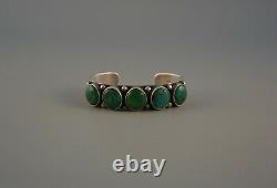 Old Early Navajo Heavy Ingot Silver Bracelet 5 Turquoise Stones 7 3/8 @