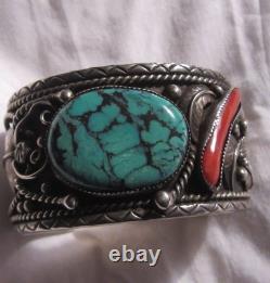 Old Native American Silver Turquoise Coral Bracelet Large Jewelry Vintage Mens