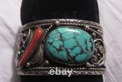 Old Native American Silver Turquoise Coral Bracelet Large Jewelry Vintage Mens