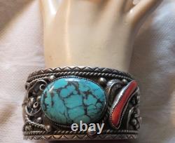 Old Native American Silver Turquoise Coral Bracelet Large Jewelry Vintage Mens