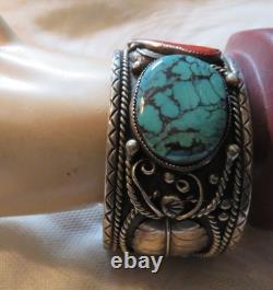 Old Native American Silver Turquoise Coral Bracelet Large Jewelry Vintage Mens