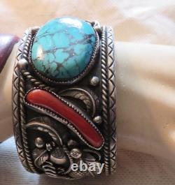 Old Native American Silver Turquoise Coral Bracelet Large Jewelry Vintage Mens