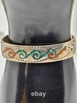 Old Native American Vintage Sterling Silver Jewelry Cuff Turquoise Inlay