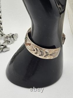 Old Native American Vintage Sterling Silver Jewelry Cuff Turquoise Inlay