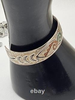 Old Native American Vintage Sterling Silver Jewelry Cuff Turquoise Inlay