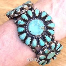 Old Navajo Cuff Bracelet Flower Turquoise 95g 7in Silver 60s VTG Signed Native A