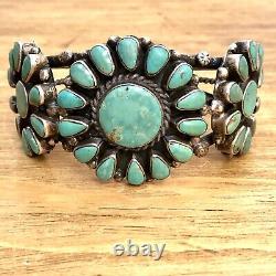 Old Navajo Cuff Bracelet Flower Turquoise 95g 7in Silver 60s VTG Signed Native A