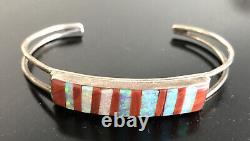 Old Navajo Cuff Bracelet with Coral Opal Inlay Sterling Silver W