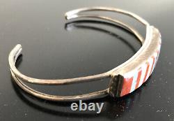 Old Navajo Cuff Bracelet with Coral Opal Inlay Sterling Silver W