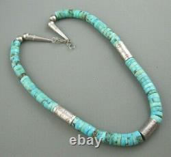 Old Navajo Sterling Tube Beads Natural Hand Carved Turquoise Heishi Necklace