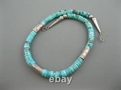 Old Navajo Sterling Tube Beads Natural Hand Carved Turquoise Heishi Necklace