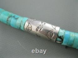 Old Navajo Sterling Tube Beads Natural Hand Carved Turquoise Heishi Necklace