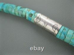 Old Navajo Sterling Tube Beads Natural Hand Carved Turquoise Heishi Necklace
