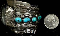 Old PAWN Navajo Vintage Sterling Men's Heavy Turquoise Signed Watch Bracelet