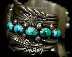 Old PAWN Navajo Vintage Sterling Men's Heavy Turquoise Signed Watch Bracelet