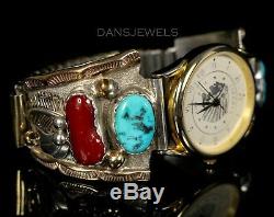 Old PAWN ZUNI Navajo Vintage Sterling 12Kgf Mens Turquoise Coral Watch Bracelet