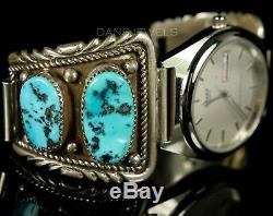 Old PAWN ZUNI Navajo Vintage Sterling MENS Kingman Turquoise Watch Bracelet