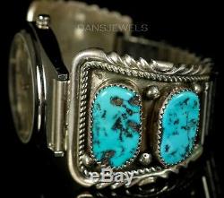 Old PAWN ZUNI Navajo Vintage Sterling MENS Kingman Turquoise Watch Bracelet