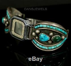 Old PAWN ZUNI Navajo Vintage Sterling Women's Les Baker Turquoise Watch Bracelet