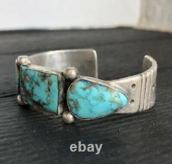 Old Pawn 1890s NAVAJO INGOT Chiseled Coin Silver Turquoise Indian Cuff BRACELET