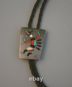 Old Pawn Early Zuni Pueblo Indian Silver Inlay Bolo Tie Rainbow Man