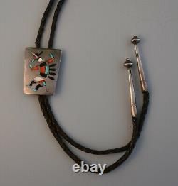 Old Pawn Early Zuni Pueblo Indian Silver Inlay Bolo Tie Rainbow Man