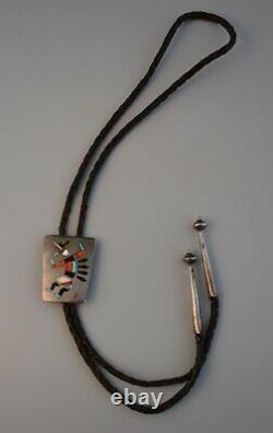 Old Pawn Early Zuni Pueblo Indian Silver Inlay Bolo Tie Rainbow Man