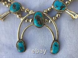 Old Pawn Navajo Bisbee Turquoise Cabochons & Sterling Squash Blossom Necklace