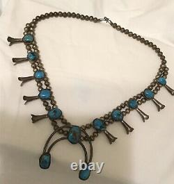 Old Pawn Navajo Bisbee Turquoise Cabochons & Sterling Squash Blossom Necklace