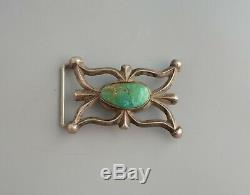 Old Pawn Navajo Cast Heavy Silver Belt Buckle Green Turquoise Stone