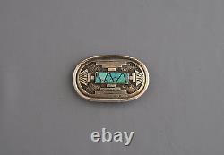 Old Pawn Navajo Indian Heavy Sterling Silver Belt Buckle Turquoise Inlay