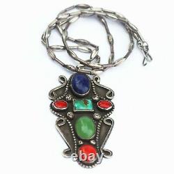 Old Pawn Navajo Multi Stone Sterling Silver Pendant Necklace Bench Made Beads