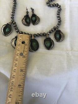 Old Pawn Navajo Royston Turquoise Squash Blossom Necklace & EARRINGS Signed