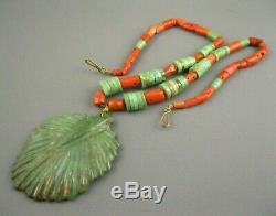 Old Pawn Santo Domingo Kewa Carved Green Turquoise Coral Heishi Necklace