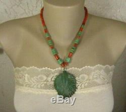 Old Pawn Santo Domingo Kewa Carved Green Turquoise Coral Heishi Necklace