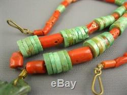 Old Pawn Santo Domingo Kewa Carved Green Turquoise Coral Heishi Necklace