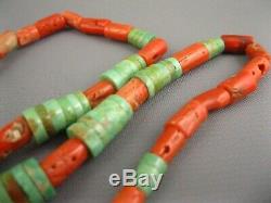 Old Pawn Santo Domingo Kewa Carved Green Turquoise Coral Heishi Necklace