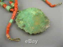 Old Pawn Santo Domingo Kewa Carved Green Turquoise Coral Heishi Necklace