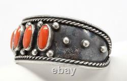 Old Pawn Silver Navajo Red Coral Cuff Bracelet