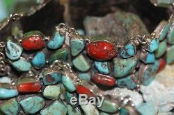 Old Pawn Vintage Concho Belt Kingman Turquoise And Red Natural Coral, Sterling