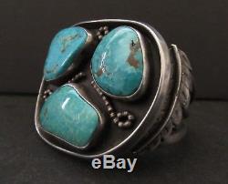 Old Pawn Vintage NAVAJO Sterling Three Large Fox Turquoise Cuff Bracelet