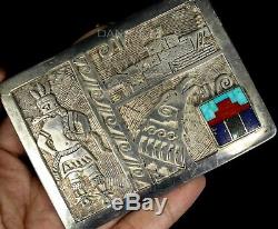 Old Pawn Vintage Sterling Etched Kachina Turquoise Coral Lapis Inlay Belt Buckle