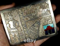 Old Pawn Vintage Sterling Etched Kachina Turquoise Coral Lapis Inlay Belt Buckle