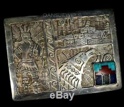 Old Pawn Vintage Sterling Etched Kachina Turquoise Coral Lapis Inlay Belt Buckle