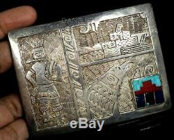 Old Pawn Vintage Sterling Etched Kachina Turquoise Coral Lapis Inlay Belt Buckle