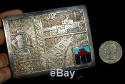 Old Pawn Vintage Sterling Etched Kachina Turquoise Coral Lapis Inlay Belt Buckle