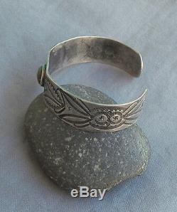Old Unisex Fred Harvey Era Silver Green Turquoise Cuff Bracelet Whirling Logs