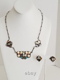 Old VTG Native American Zuni Sterling Silver Stone Shell Flower Jewelry Set